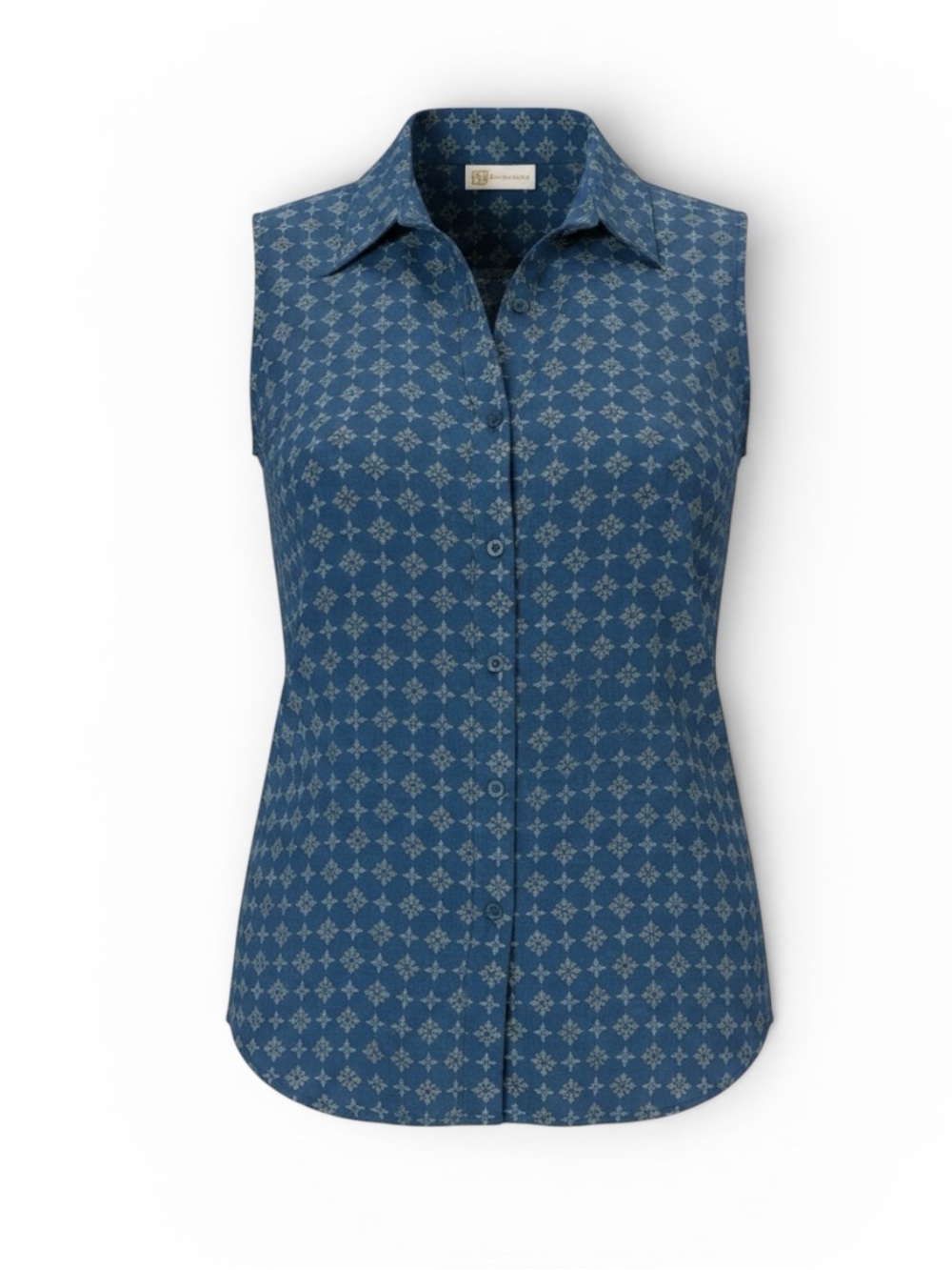 Pleione Blue Sleeveless Button-Down Printed Blouse